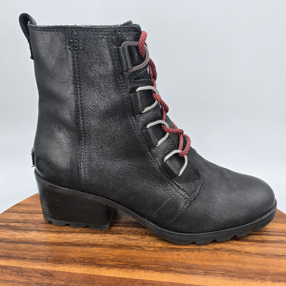 Sorel Boots Women's 11 Black Leather Cate Lace Up Heeled Comfort Waterproof